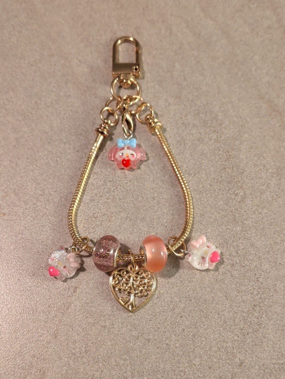 Gold-Tone Pink & Peach Charm Keychain Bracelet with Heart Tree Pendant